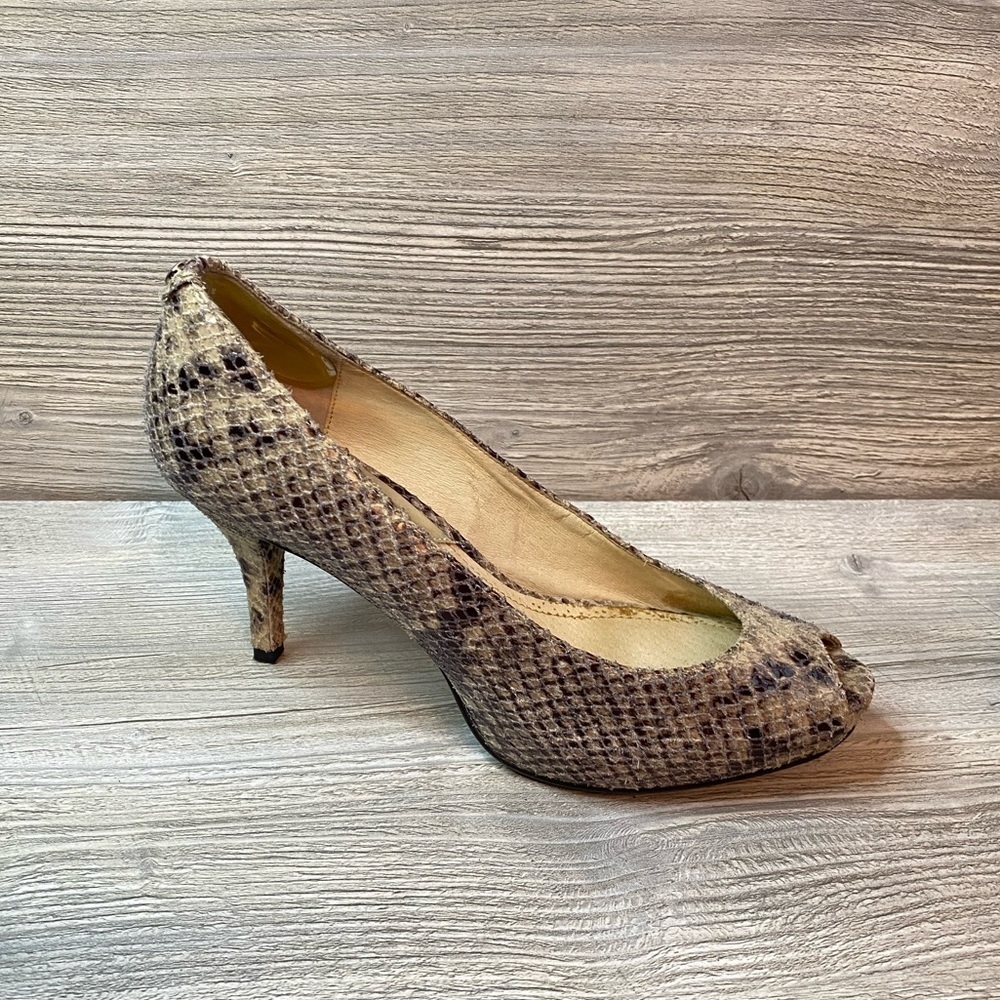 Leather peep toe heels Michael Kors leather snake platform pumps.